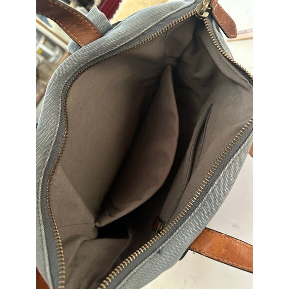 Crate and Barrel x FRYE Blue-Grey Canvas brown leather Backpack org $228.00 - Picture 6 of 16